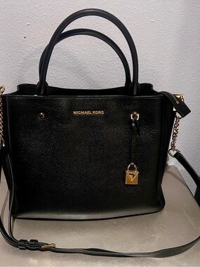 Michael Kors Arielle Black Leather Satchel with Gold Hardware